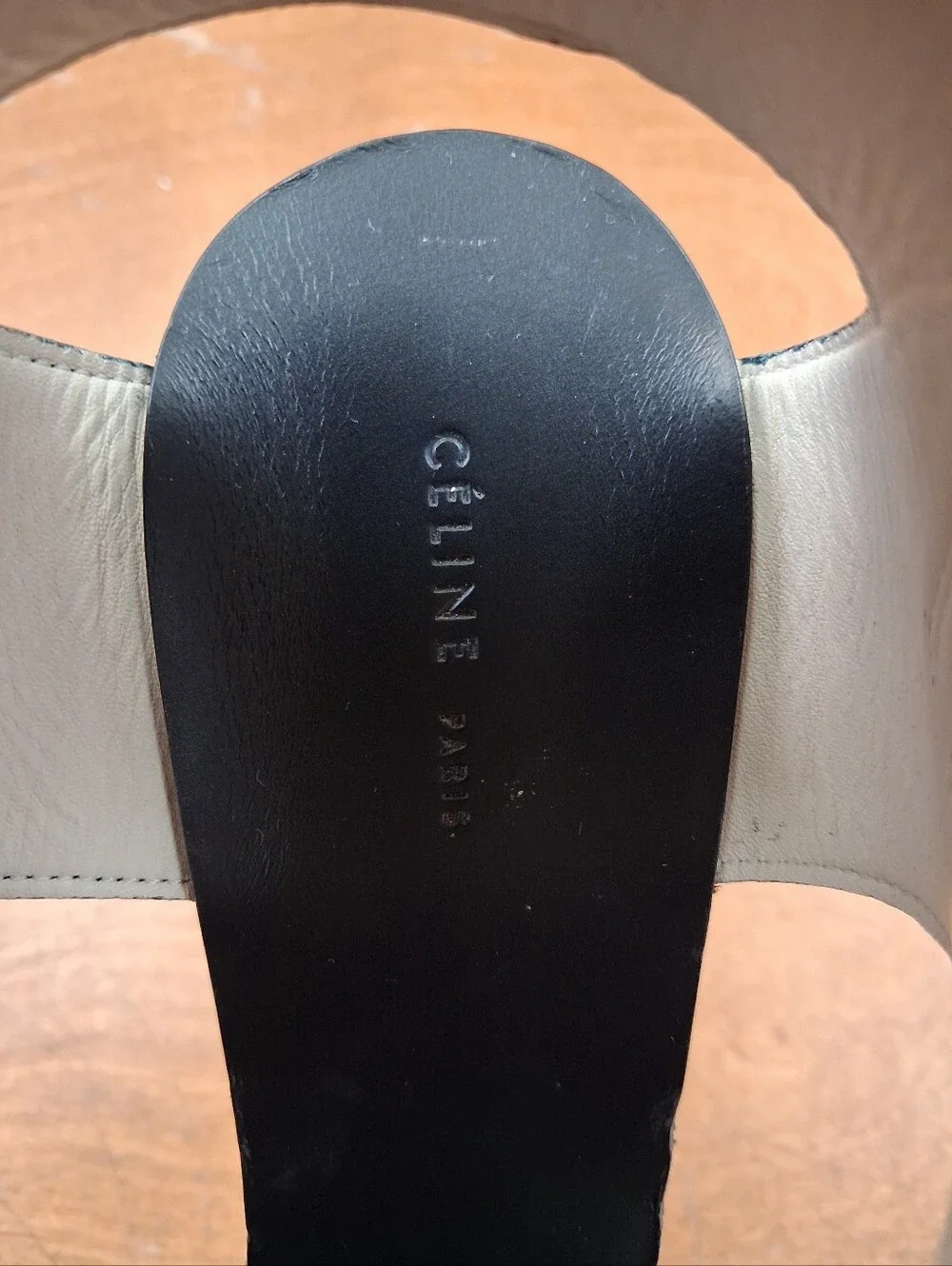 CELINE Strap Sandals Wood Black High Heel Two tone Italy Shoes Platform Size 8